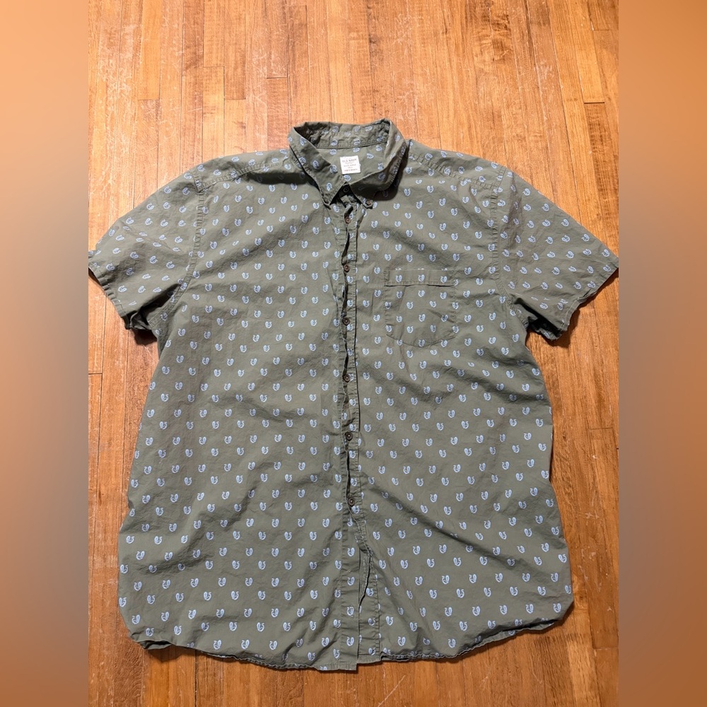 Old Navy Mens Size XXXL Tall Button Down Green Blue Print Short Sleeve Casual